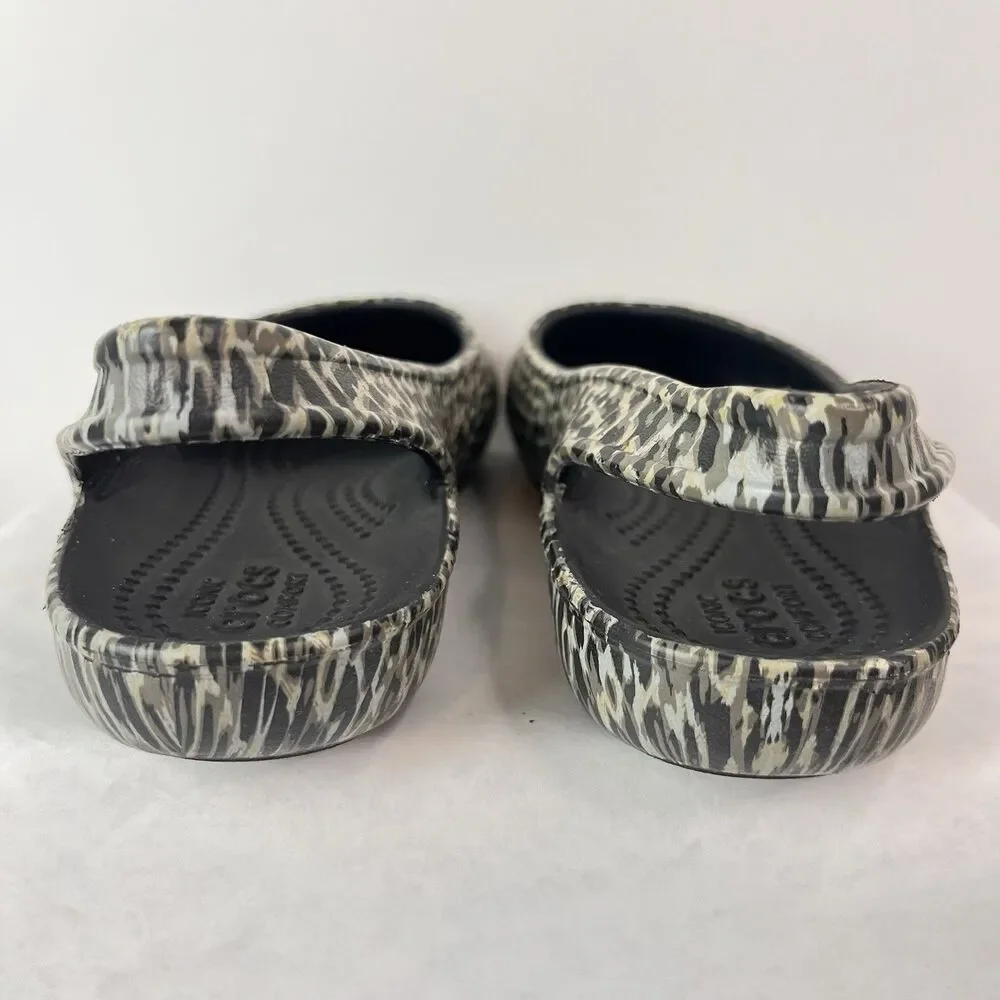 Crocs Women Leopard Print Slip On Flats Coastal Grandma Shoes Size W5 Black Gray